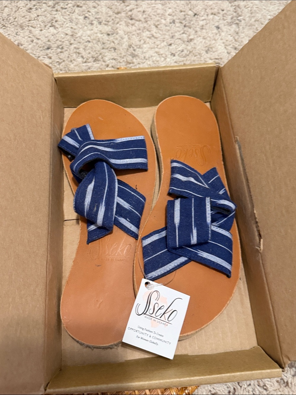 Sseko Navy and White Striped Knotted crossover Slide Sandals